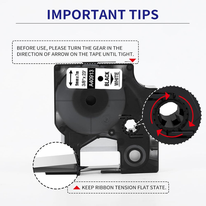 6-Pack Compatible Dymo 41913 (40913) 3/8 Inch D1 Label Tape Black on White 9mm Refills S0720680 for DYMO LabelManager 160 280 360D Label Maker COLORPOP, 23Ft 3/8"-black on White