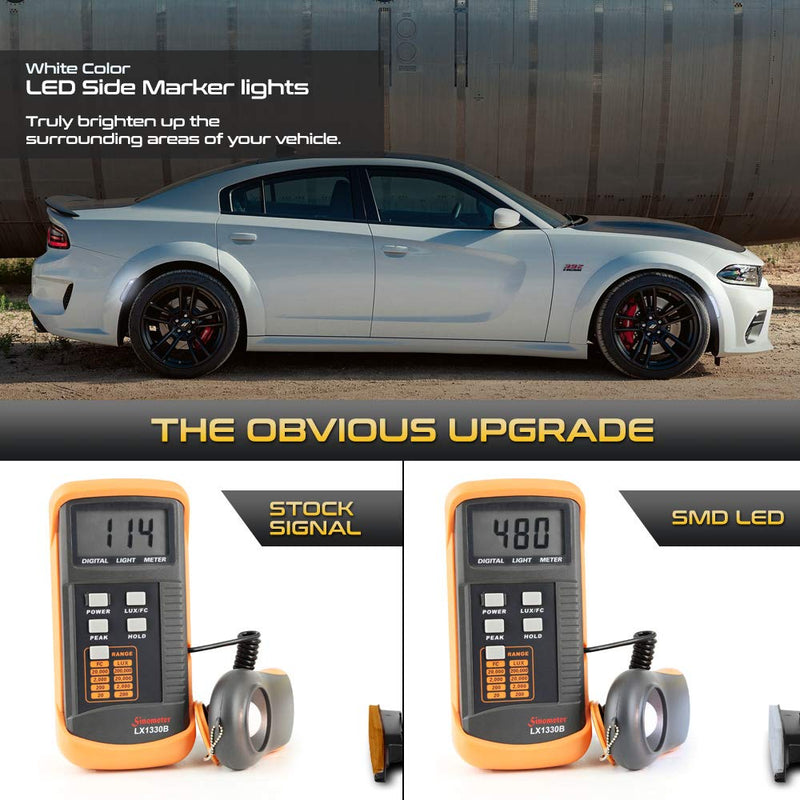 VIPMOTOZ Front + Rear White LED Strip Side Marker Light Fender Parking Lamp Replacement For 2015-2022 Dodge Charger LD, Chrome Housing, Driver & Passenger Side