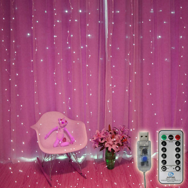 [AUSTRALIA] - 300 LED Copper Curtain String Lights 9.8ftx9.8ft Window Icicle Fairy Lights USB Powered 8 Modes with Wireless Remote Control for Home Bedroom Christmas Wedding Party Decor - Pink 