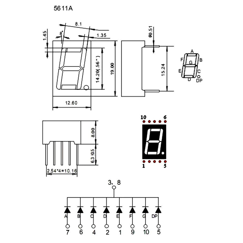 uxcell Common Cathode 10 Pin 1 Bit 7 Segment 0.75 x 0.5 x 0.31 Inch 0.5" Red LED Display Digital Tube 4pcs