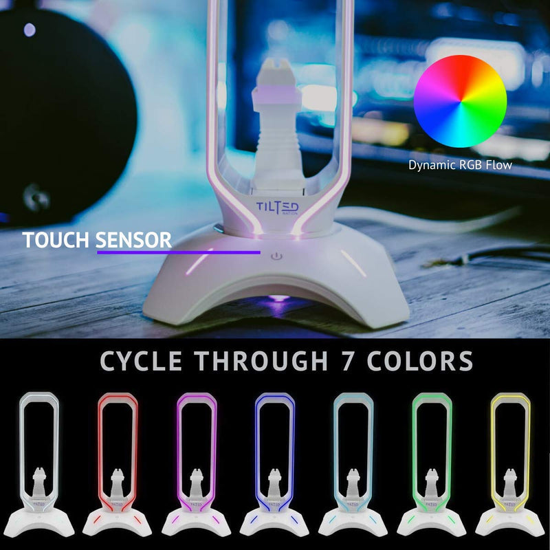 Tilted Nation RGB Gaming Headset Stand - 3 in 1 Design with Mouse Bungee and 2 Port USB 3.0 Hub - The Ultimate Gaming Accessory - Dynamic RGB Headphone Stand with USB Charger - White