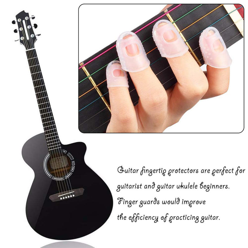Guitar Fingertip Protectors, 20Pcs Clear Silicone Guitar Finger Protectors 5 Sizes(L/M/S/XS/XXS) and 5 Assorted Guitar Picks, for Ukulele Electric Guitar Starter