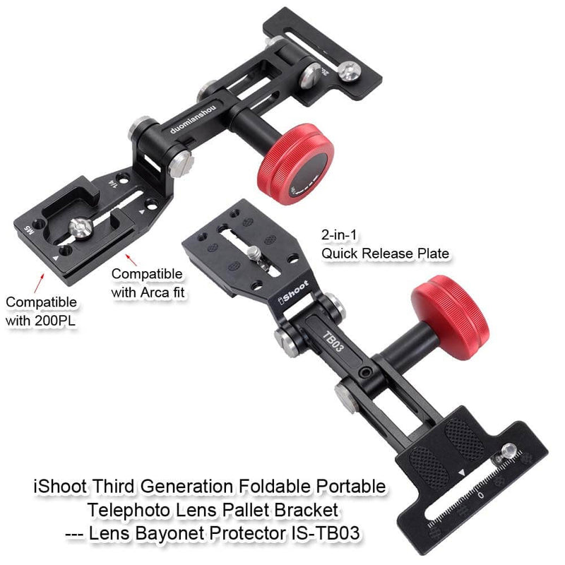 iShoot Foldable Long Focus Lens Support, Portable Telephoto Lens Bracket, Zoom Lens Stand, 2-in1 Camera Quick Release Plate Compatible with Manfrotto 200PL & Arca-Swiss Fit Tripod Ball Head Clamp