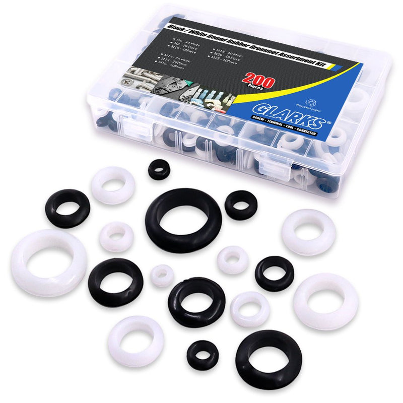 Glarks 200Pcs 9 Sizes Black/White Round Rubber Grommet Assortment Kit Electrical Wiring Coil Gasket for Plugs Cables Wires