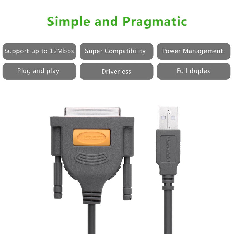 UGREEN USB to DB25 Parallel Printer Cable Adapter 6FT Male to Female Connector IEEE 1284 Converter for PC Desktop Laptop Support Windows Mac OS Linux, 6 FT