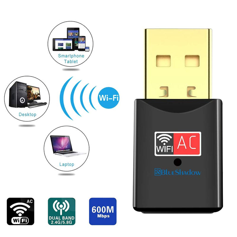 Blueshadow USB WiFi Adapter - Dual Band 2.4G/5G Mini Wi-fi ac Wireless Network Card Dongle with High Gain Antenna for Desktop Laptop PC Support Windows XP Vista/7/8/8.1/10 (USB WiFi 600Mbps)
