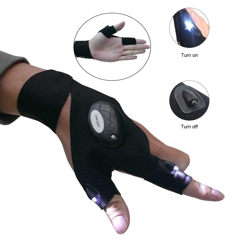 LED Flashlight Glove Gifts for Men Father Day Outdoor Fishing Gloves Dad Men Gifts with Stretchy Strap Screwdriver for Repairing Cars Night Running Fishing Camping Hiking in Dark Place A pair of black gloves