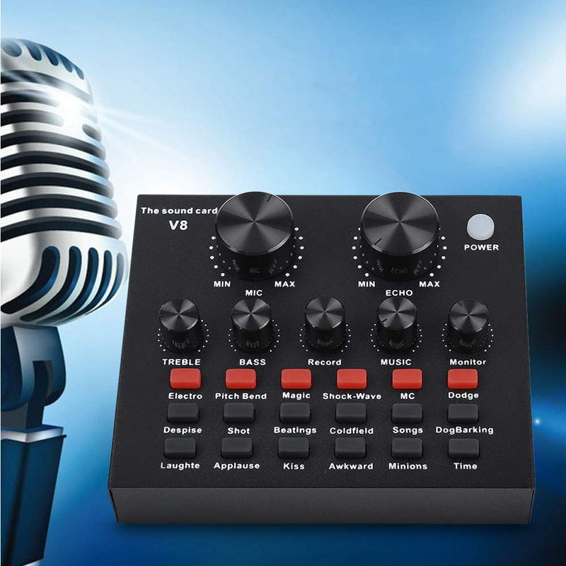 [AUSTRALIA] - BAOYOU V8-Live Sound Card, USB Audio Interface Intelligent Volume Live Sound Card, Adjustable Audio Mixer Sound Card with Multiple Funny Sound Effect for Live Recording, Home KTV, Voice Chat 125x105x25mm Black 