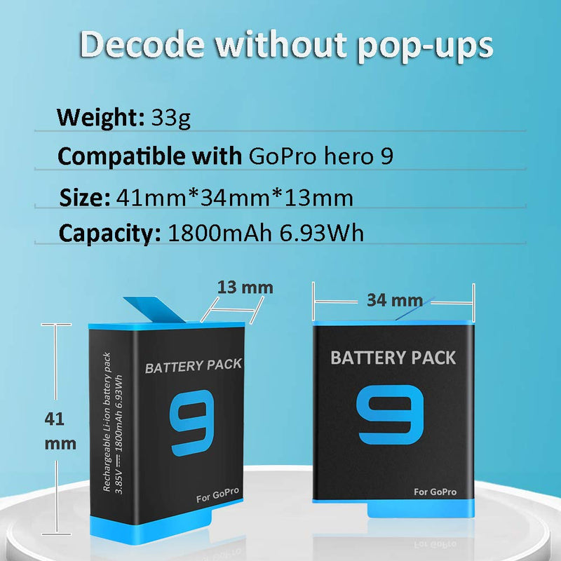 2-Pack Rechargeable Batteries (1800mAh) and 3-Channel USB Storage Triple Charger with Cable fit for GoPro HERO9 Black, Compatible with GoPro Hero 9
