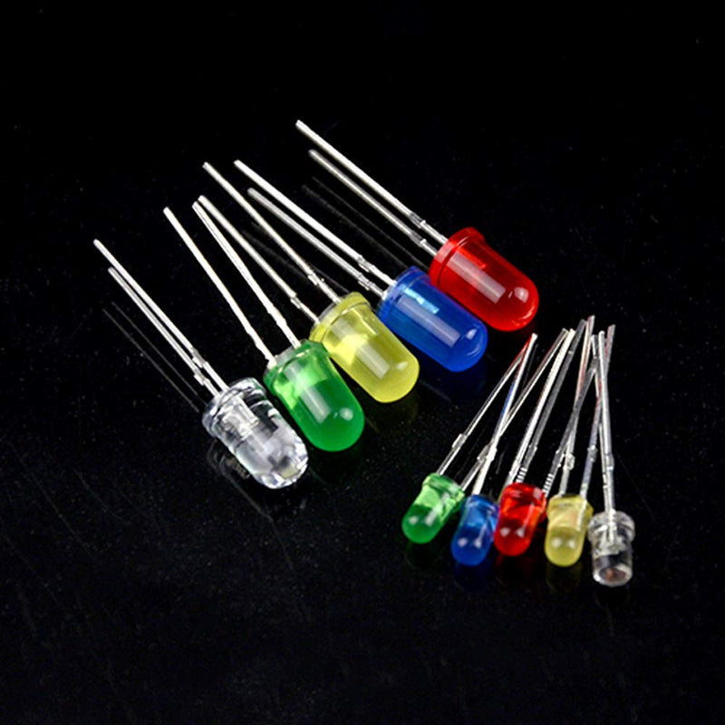 XINGYHENG 500PCS 10 Values 5 Colors 3mm and 5mm LED Light Emitting Diodes Assorted Kit Electrical Components for Lighting Bulbs and Lamps(Red Yellow Blue Green White)