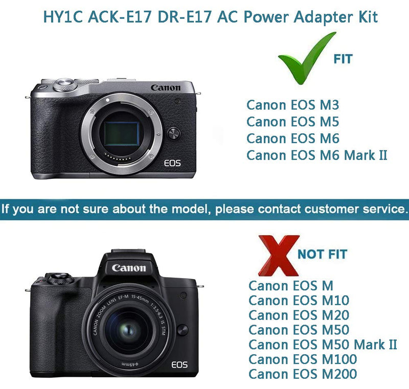 HY1C ACK-E17 AC Power Adapter DR-E17 DC Coupler Kit for Canon EOS M6 Mark II, EOS M3 M5 M6 Mirrorless Digital Cameras