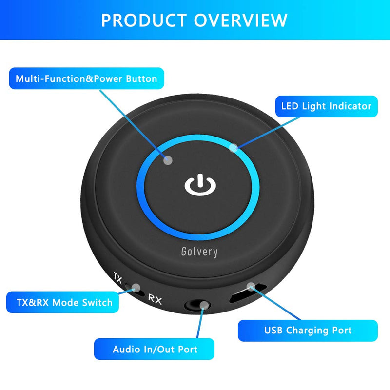 Golvery Bluetooth 5.0 Transmitter Receiver for TV, Aptx LL/FS 40ms Wireless Audio Adapter for Home Car Stereo PC CD Radio Xbox PS4 w/ 3.5mm RCA AUX Jack, Pair 2 Headphones, No Delay, Plug n Play Black