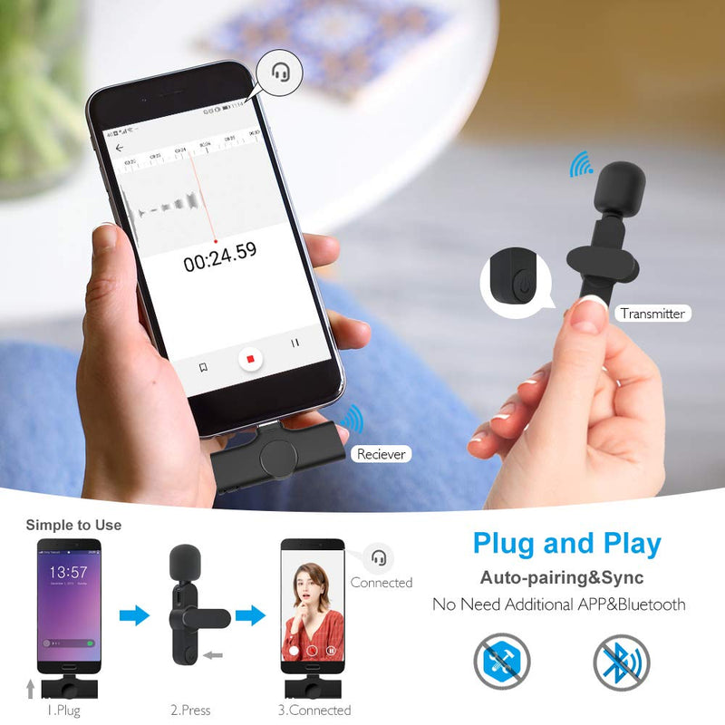 Plug-Play UHF Wireless Lapel Lavalier Microphone System for Video,Recording,YouTube Facebook Live Stream,Vlog, Wireless Mic for USB-C Andriod Phones, Tablet,Computer(No Need App/Bluetooth)