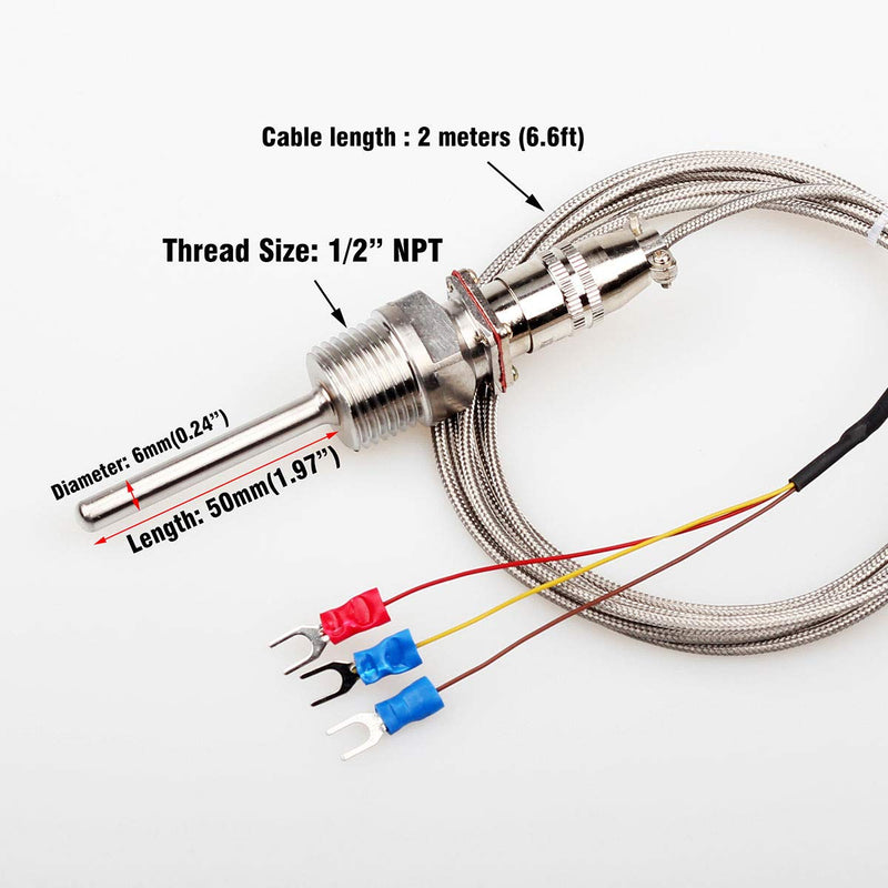 RTD PT100 Temperature Sensor Probe(0.23"x 2“), 1/2" NPT Thread with 2 Meter Cable,-50 to 300 ℃