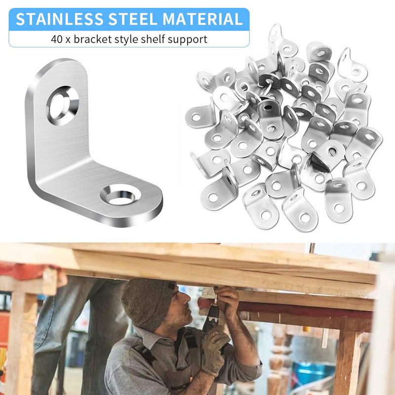 40PCS L Bracket Corner Brace Small L Brackets for Wood, Metal Corner Bracket, Stainless Steel Right Angle Bracket for Wood Furniture Chair Drawer Cabinet with 80PCS Screws (0.79 x 0.79 inch) 20 mm Silver