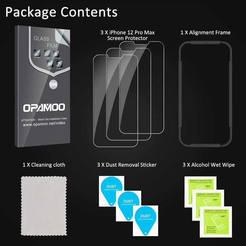 opamoo 3 Pack Screen Protector Compatible with iPhone 12 Pro Max Glass Screen Protector 6.7'' [Easy Installation Kit] Tempered Glass Film Compatible with iPhone 12 Pro Max, Anti Scratch, Bubble Free