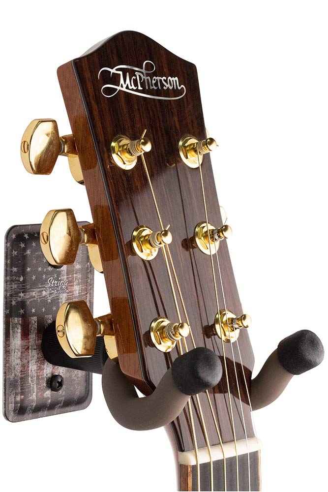 String Swing Guitar Hanger - Holder for Electric Acoustic and Bass Guitars - Stand Accessories Home or Studio Wall - Musical Instruments Safe without Hard Cases – Amercian Flag Steel CC60K-FL