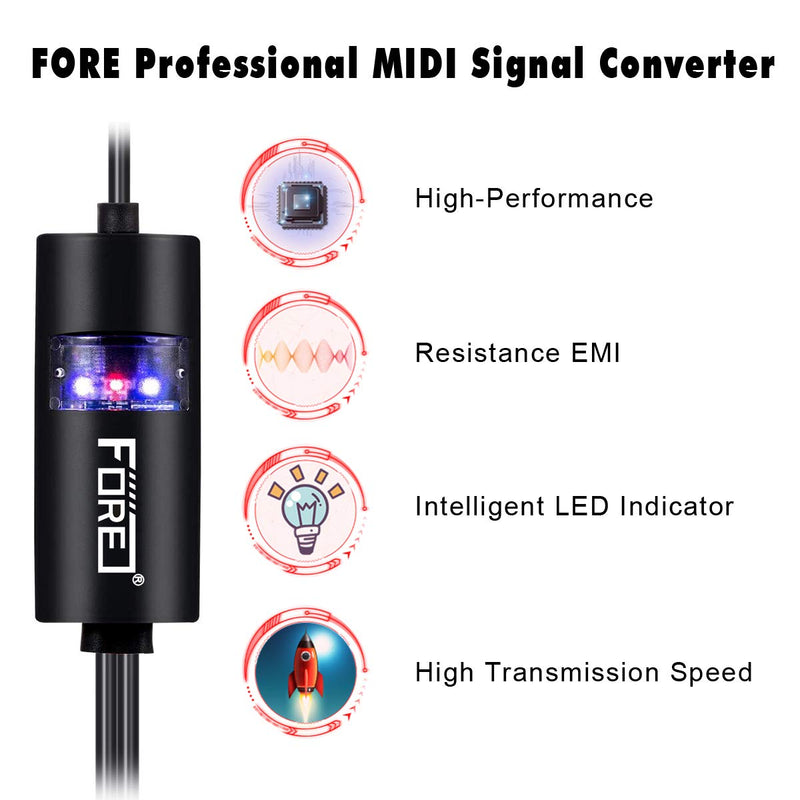 FORE MIDI to USB Interface MIDI Cable Adapter with Input&Output Connecting with Keyboard/Synthesizer for Editing&Recording Track Work with Windows/Mac OS for Studio USB 2.0 Color Black - 6.5Ft