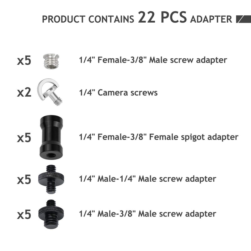 22 Pcs Camera Screw Adapter, 1/4 to 1/4 and 1/4 to 3/8 with D-Ring Screw Tripod Mount Screw Converter Set for Camera Mount, Monopod, Ballhead, Flash Light Stand Avatar