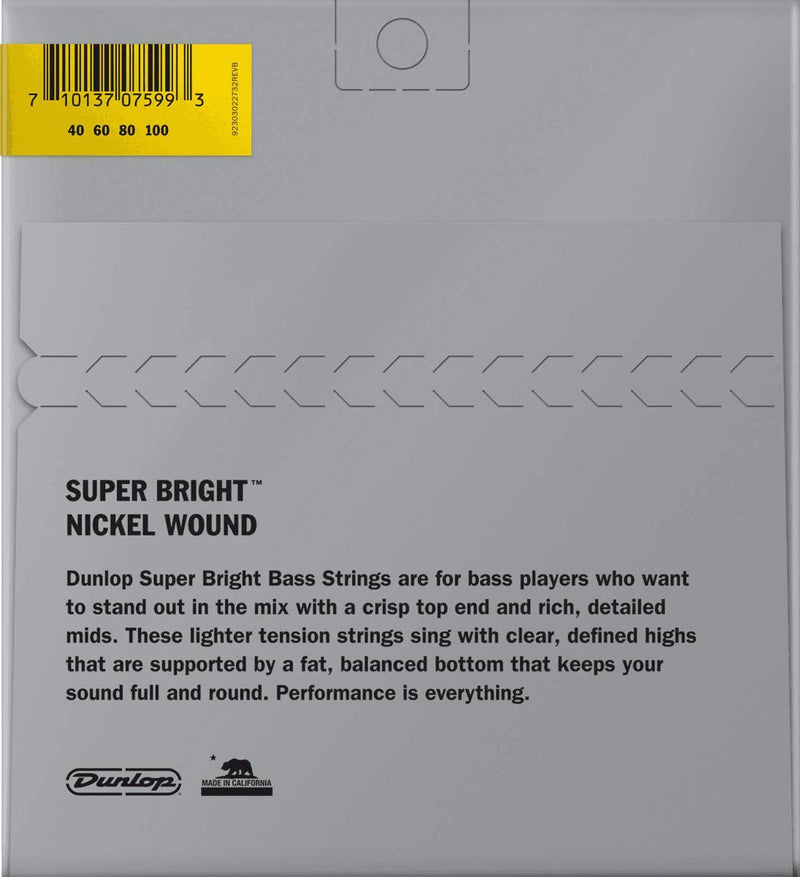 Dunlop DBSBN40100 Super Bright Bass Strings, Nickel Wound, Light, .040–.100, 4 Strings/Set