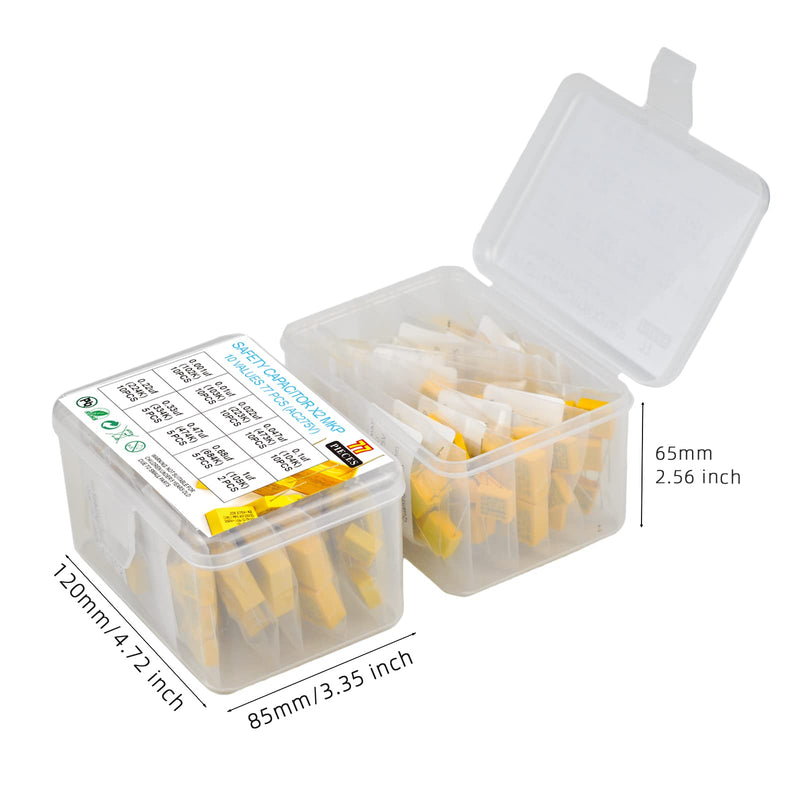 KOKISO 10 Values 77 PCS Polypropylene Safety Capacitors DIP 275VAC X2 MKP Assorted Kit Assortment(0.001uF,0.01uF,0.022uF,0.047uF,0.1uF,0.22uF,0.33uF,0.47uF,0.68uF,1uF)