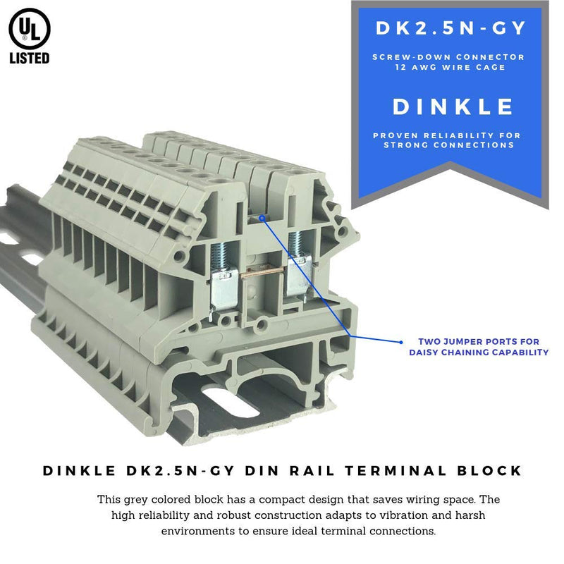 [AUSTRALIA] - Dinkle Gray DK2.5N-S13109 DIN Rail Terminal Block Screw Type UL 600V 20A 12-22AWG, Pack of 100 Grey 