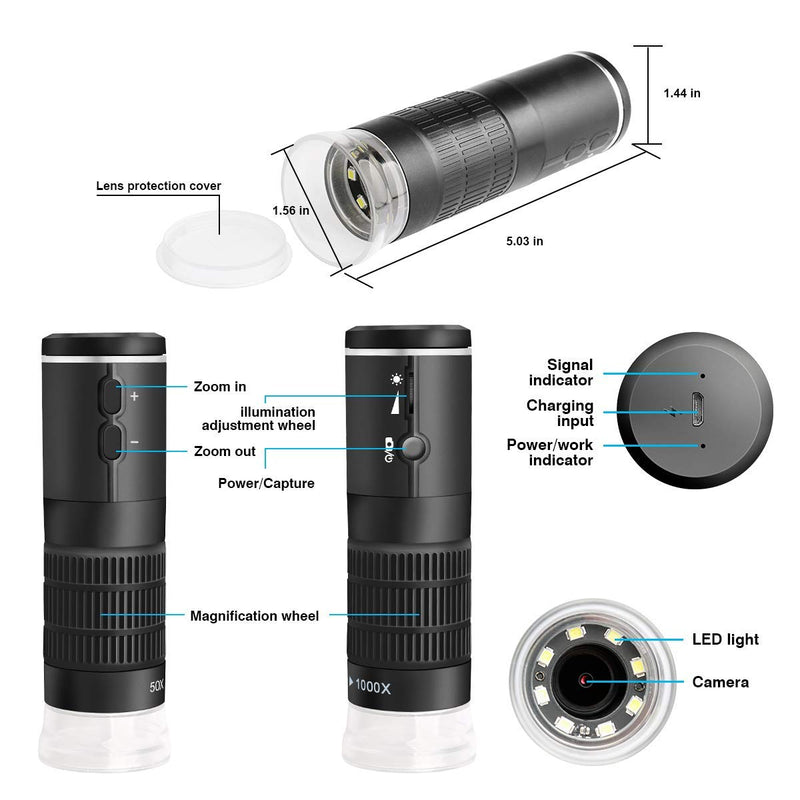 [AUSTRALIA] - Cainda WiFi Digital Microscope for iPhone Android Phone Mac Windows, HD 1080P/720P Video Record 50-1000X Magnification Wireless Portable Microscope with Adjustable Metal Stand and Carrying Bag 