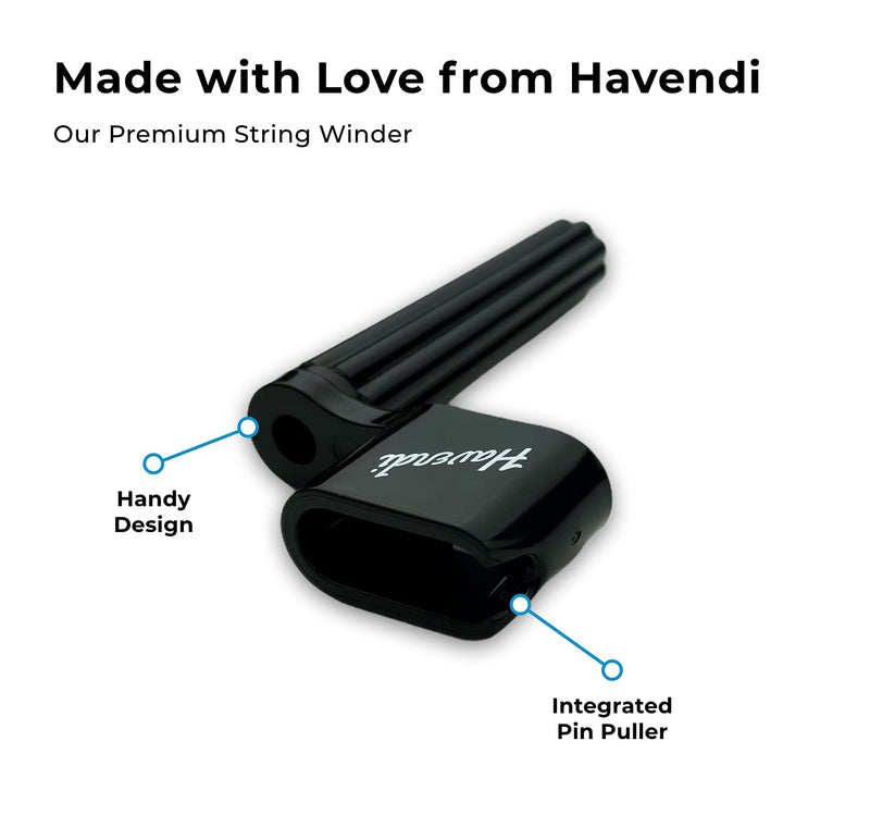 HAVENDI® Premium string winder with 3 picks and guitar cleaning cloth | String spindle for faster strings changing. Western guitar, acoustic guitar, classical guitar and electric guitar