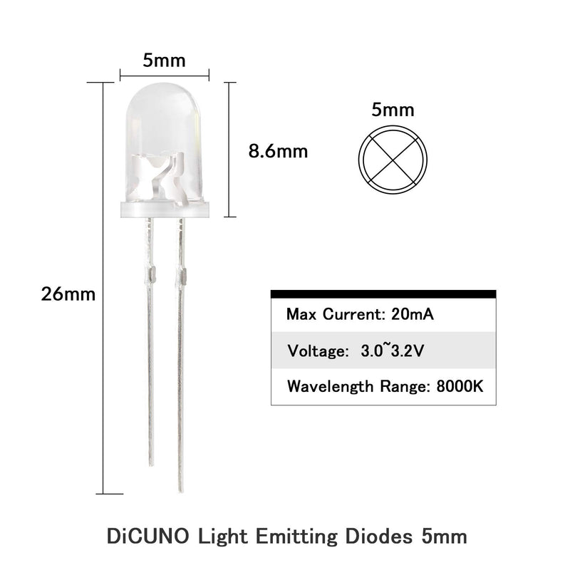 DiCUNO 100pcs 5mm Bi-pin Light Emitting Diode (Round and Transparent), Super Bright LED for DIY LED Projects (Light Color: White) C) White, 100pcs