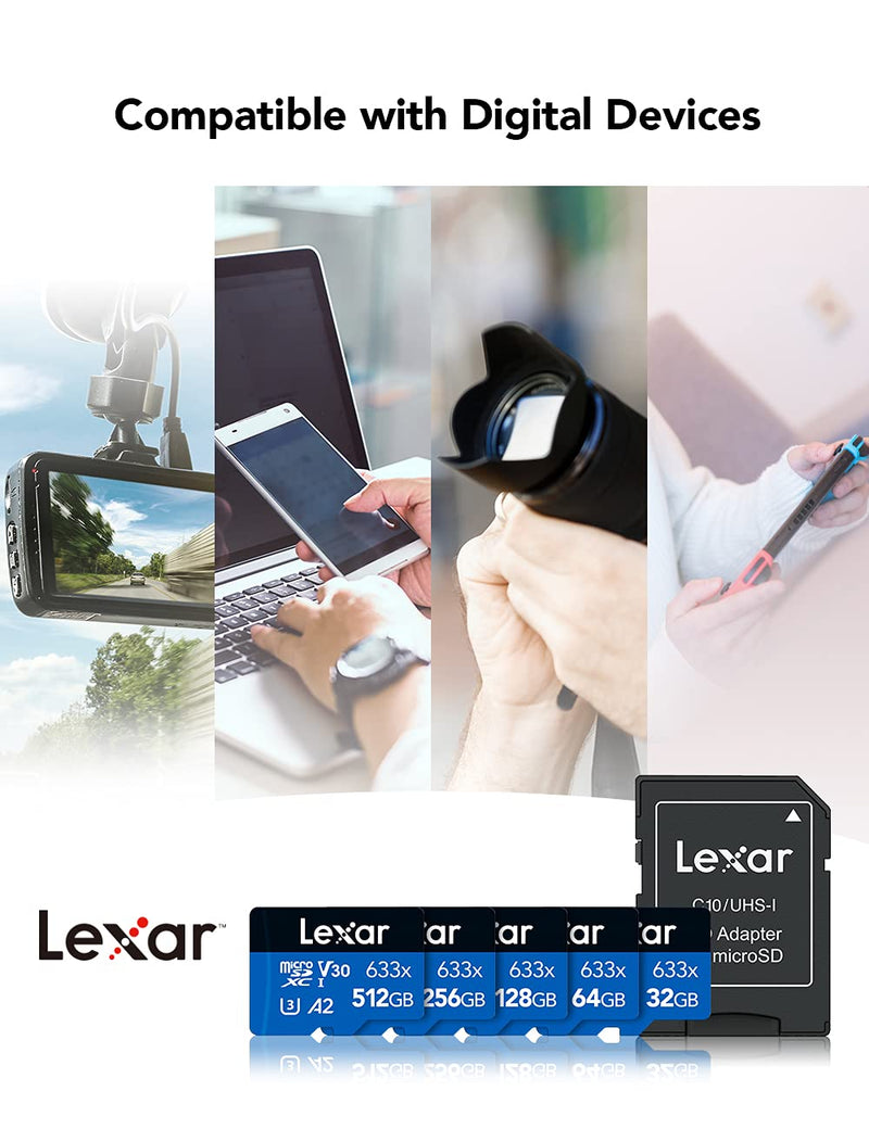 Lexar High-Performance 633x 512GB microSDXC UHS-I Card w/ SD Adapter, C10, U3, V30, A2, Full-HD & 4K Video, Up To 100MB/s Read, for Smartphones, Tablets, and Action Cameras (LSDMI512BBNL633A) Single