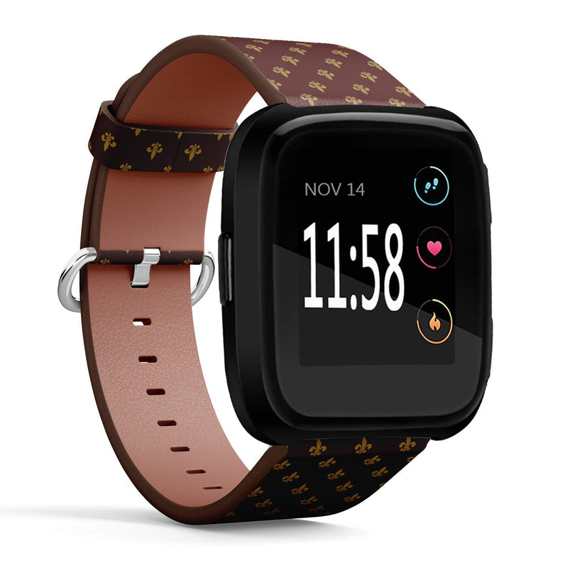 Q-Beans Replacement Band, Compatible with Fitbit Versa/Versa 2 / Versa Lite - Leather Band Bracelet Strap Wristband Accessory with Quick-Release Pins // Royal Lily Fleur De Lis