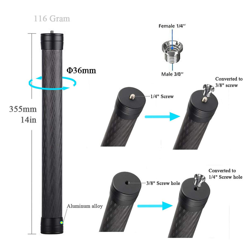 Gimbal Extension Pole Carbon Fiber Rod Monopod Stick Lightweight 1/4'' 3/8'' Thread for DJI Ronin S/SC, OSMO Mobile 3, ZHIYUN Crane 2 V2, Moza AirCross, FeiyuTech, DSLR Camera, Stabilizer