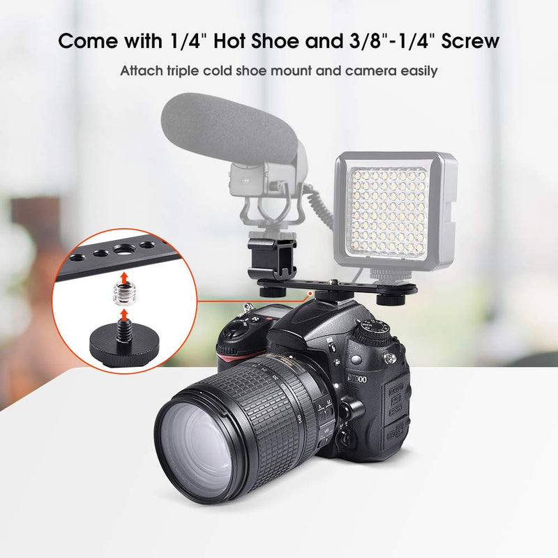 UTEBIT Triple Cold Shoe Mount Universal Extension Bracket Flash Bracket with 1/4 3/8 Adapter Compatible for Monopod Tripod DSLR Phone Gimbal Stabilizer 4.7in