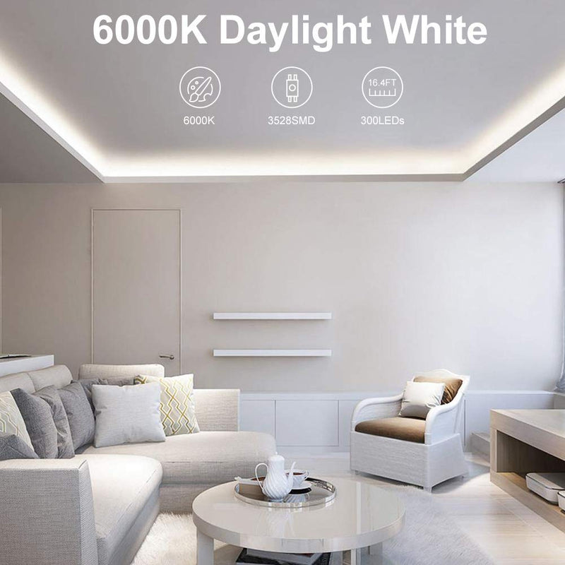 [AUSTRALIA] - White LED Strip Lights, CT CAPETRONIX 16.4ft 6000K Bright 300 LEDs Flexible Tape Lighting Kit, 12V LED Light Strip for Bedroom, Ceiling, Living Room, Kitchen, Closet, Under Cabinet, Vanity Mirror White 