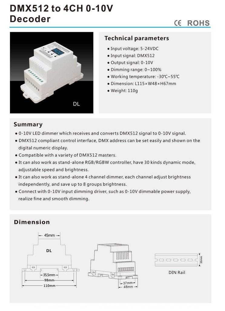 [AUSTRALIA] - DMX512 to 4CH 0-10V Decoder 0-10V LED Dimmer DMX512 Signal to 0-10V Signal RGB/RGBW controller 4 Channel Dimmer 5-24V 