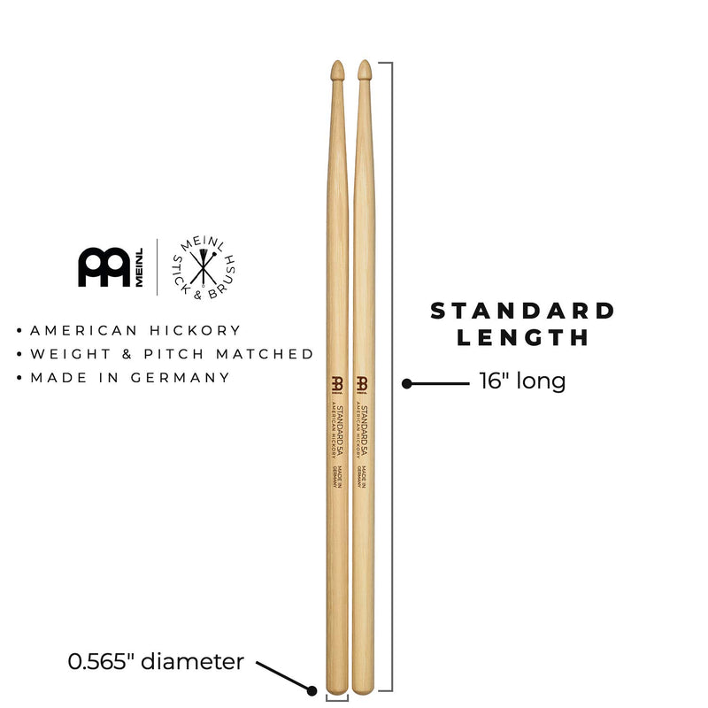 Meinl Stick & Brush Drumsticks, Standard 5A - American Hickory with Acorn Shape Wood Tip - MADE IN GERMANY (SB101) Single Pair