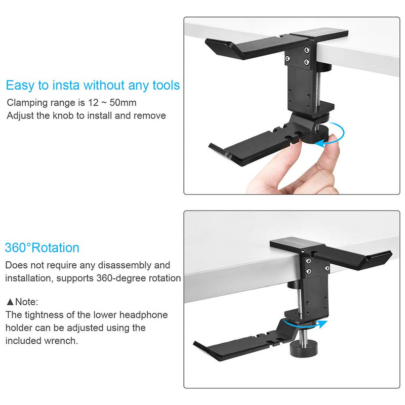 aceyoon Dual Headphone Hanger Under Desk Double Headphone Stand with Clamp Aluminum 360 Degree Gaming Headset Holder Universal Headphone Mount Suitable PC Earphones