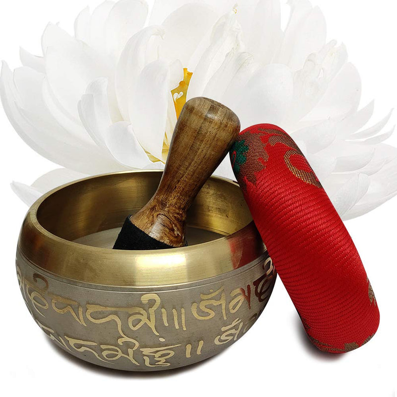 Hand Crafted Tibetan 4 Inch Mantra Singing Bowl Set By Trumiri - Helpful for Meditation Chakra Healing Relaxation Peace Mindfulness with Premium Tulsi Beads, Flag, Mallet, Cushion & Potli (Bag)