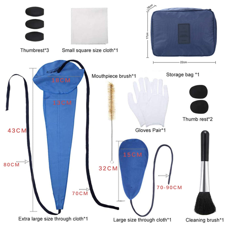 13PCS Saxophone Cleaning Kit with Bag for Flute,Alto Sax,Clarinet Instruments Cleaning Accessories Includes Cleaning Cloth,Mouthpiece Brush,Thumb Rest Cushion Blue