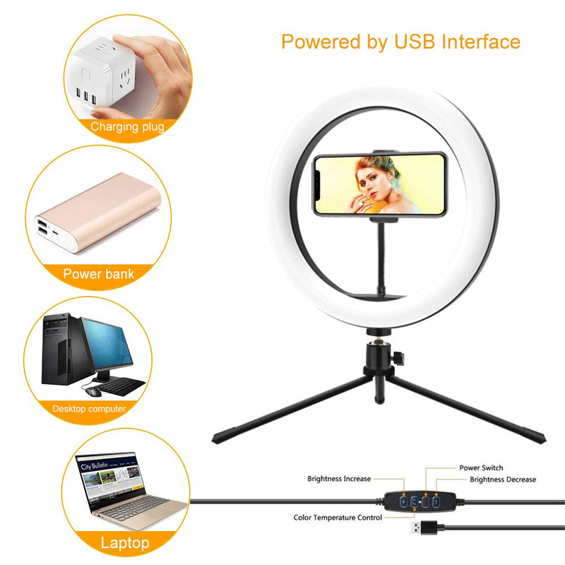 Mountdog 10" Selfie Circle Ring Light with Stand and Phone Holder Dimmable 3 Light Modes&11 Brightness Levels Remote Control Desktop USB for Photography Makeup YouTube Video Live Streaming