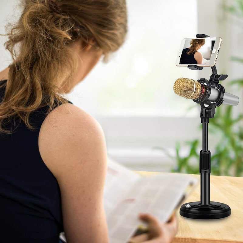 [AUSTRALIA] - Desktop Microphone Stand with Cell Phone Holder, Adjustable Tabletop mic Stand with Shock Mount and Round Base for Recording Podcasting and Live Streaming. B1 