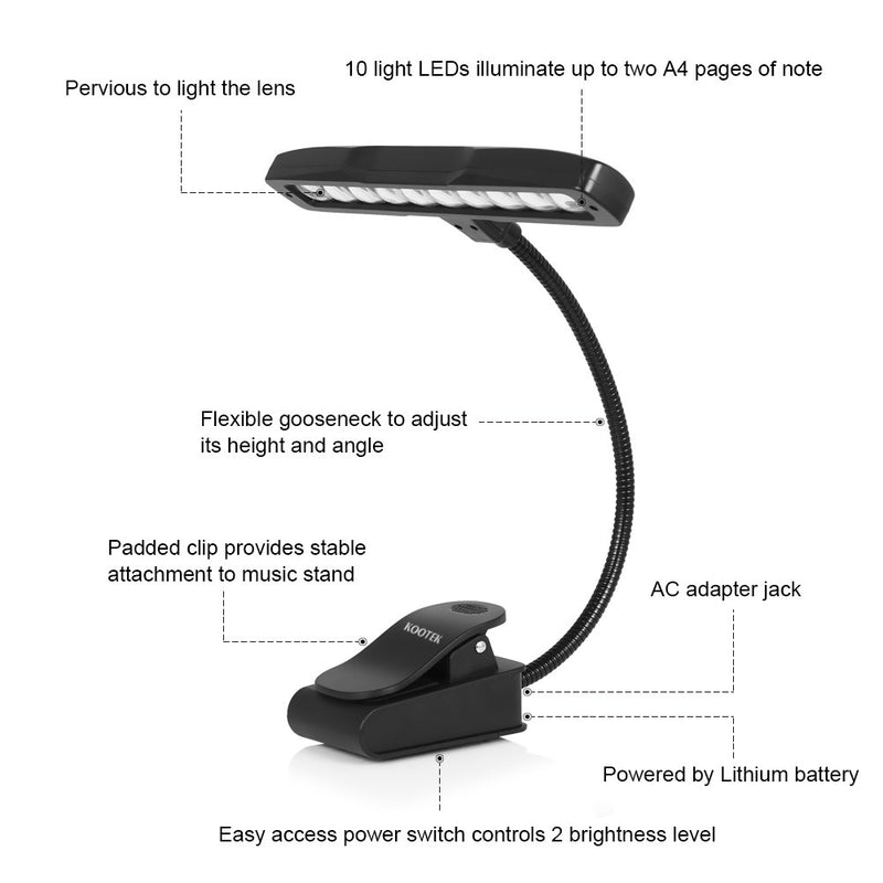 Kootek Music Stand Light, Clip On Piano Lights 10 LED Adjustable Neck Rechargeable USB Orchestra Light Book Lamp