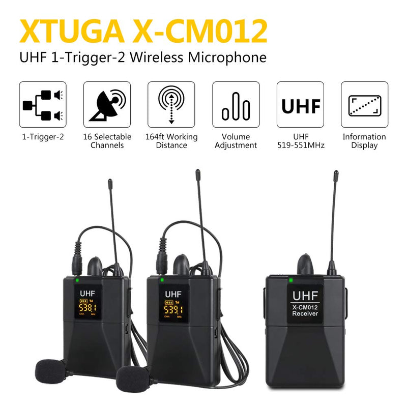 [AUSTRALIA] - XTUGA X-CM012 UHF Dual Wireless Lavalier Microphone, UHF Lapel Mic System with 16 Selectable Channels Come with Two 3.5mm Cables up to 164ft Range for DSLR Camera/DV/Camcorders/Audio Recorder 