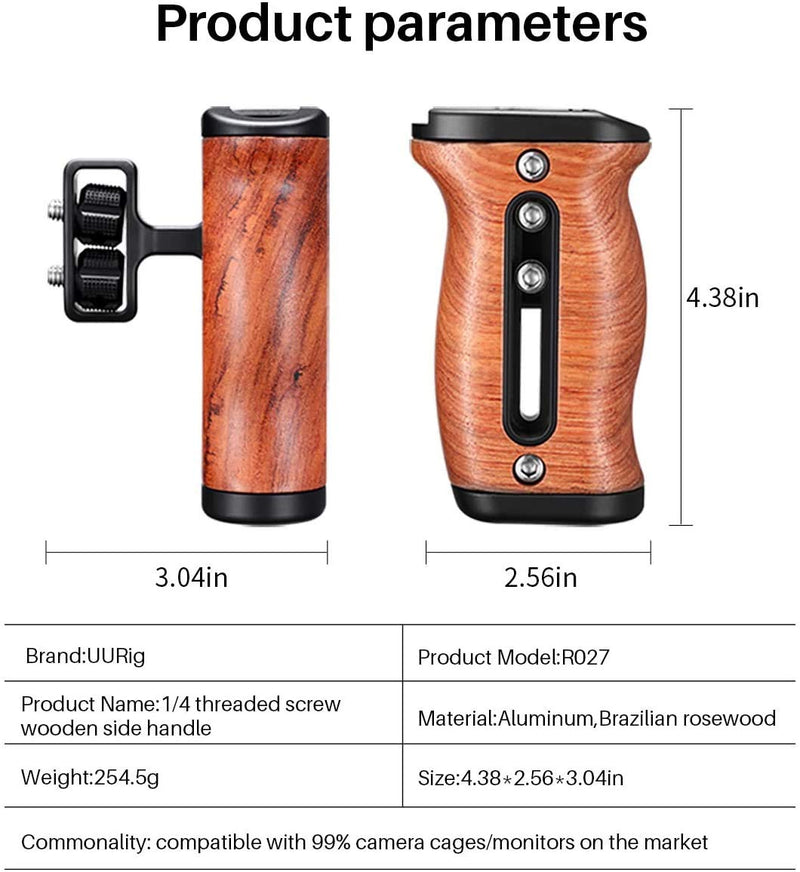 UURig 1/4" Wood Handle Grip Left Right Compatible for Sony A6400 A6600 A7III Nikon Canon Panasonic Camera Cage, for iPhone/Smartphone Video Rig Video-graphy Accessories Mobile Filming Hold Bracket