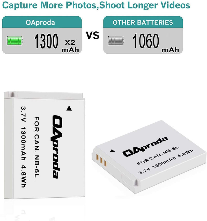 OAproda 2 Pack NB-6L/ NB-6LH Battery and Ultra Slim Micro USB Charger for Canon PowerShot SX530 HS, SX710 HS, SX700 HS, SX610 HS, SX600 HS, SX540 HS, SX510 HS, SX500 is, SX280 HS, SX270 HS, D30, S90