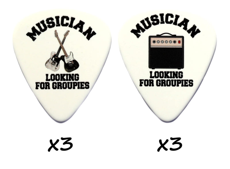 6 Musician Looking For Groupies Guitar Picks with Leather Plectrum Holder Keyring