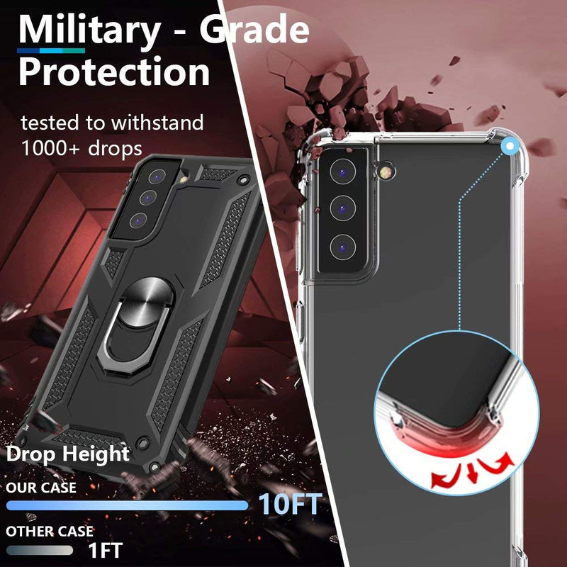 [2 Pack] Profer Compatible with Samsung Galaxy S21 5G Case [Not fit S21 Ultra] with Stand Kickstand Ring Magnetic Heavy Duty Defender Armor Military Grade Phone Cover for Samsung S21 Case Black