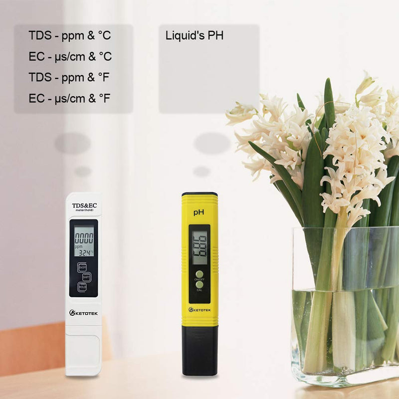 KETOTEK Digital Water TDS Meter PH Meter, PPM Tester has TDS-EC-Temp (3-in-1) and ±2% Accuracy, PH Tester with 0-14.00PH and 0.01 Accuracy, TDS PH Meters for Aquariums Water, Hydroponics, RO System PH+TDS&EC
