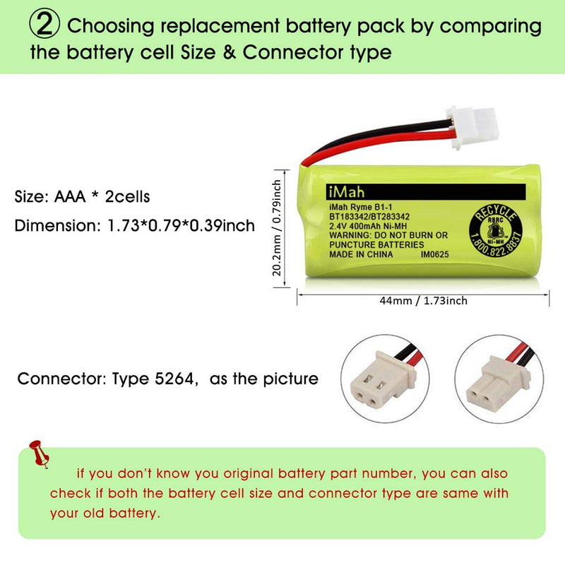 iMah BT183342/BT283342 2.4V 400mAh Ni-MH Battery Pack Compatible for BT166342/BT266342 BT162342/BT262342 2SN-AAA40H-S-X2, 6-Pack