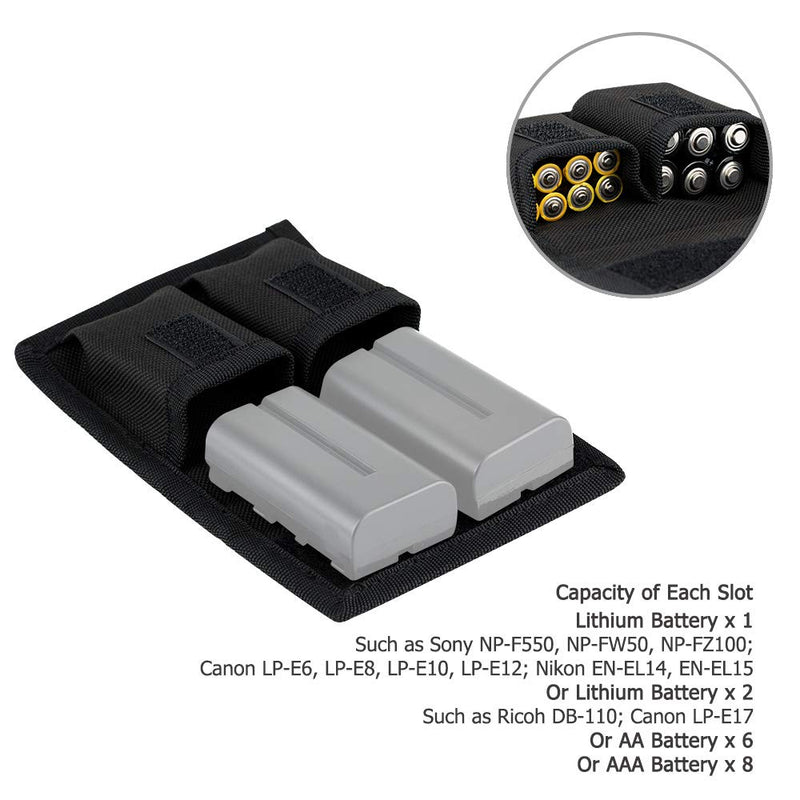 Camera Battery Pouch Holder Case for 2 PCS Sony NP-F550 NP-FW50 NP-FZ100 NP-BX1 Canon LP-E6 LP-E8 LP-E10 LP-E12 LP-E17 Fuji NP-W126 Nikon EN-EL14 EN-EL15 with Zipped Pocket to Store SD TF XQD CF Cards 2 Slot+1 Zippered Pockets